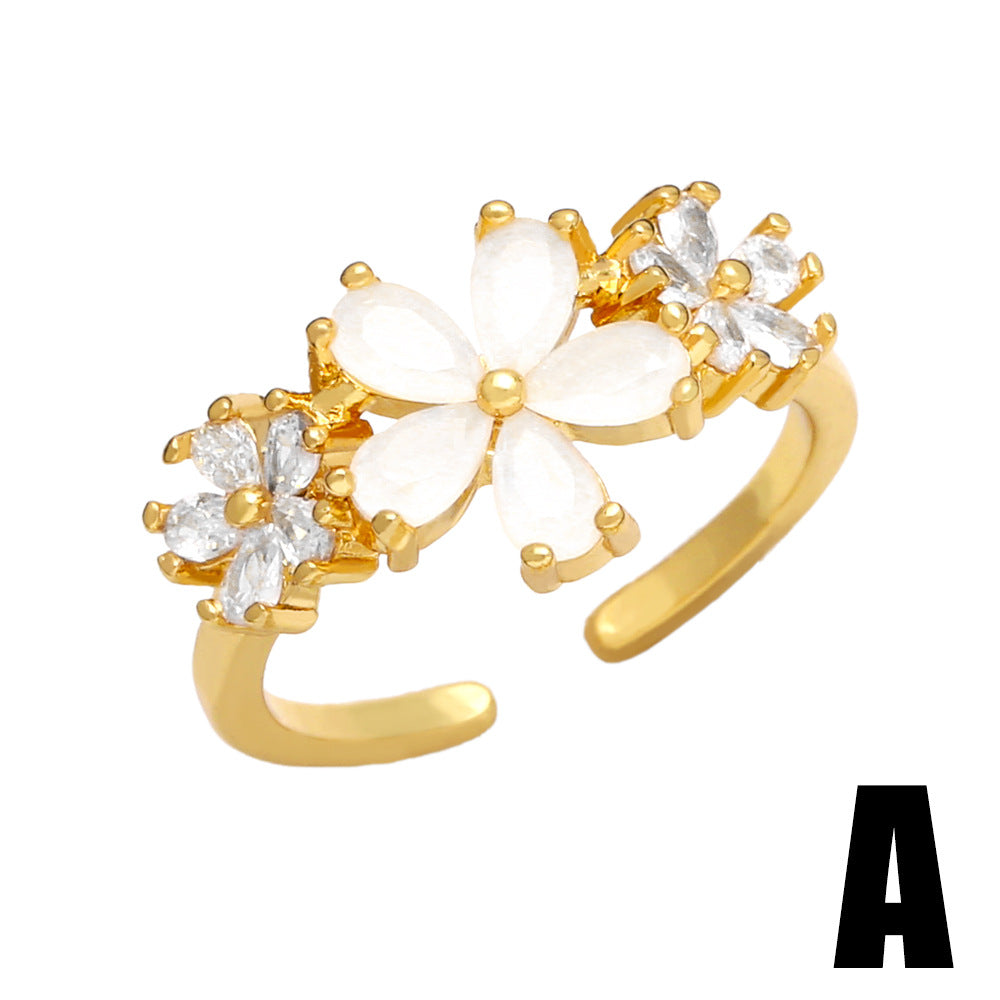 Fashion Zircon Flower Open Ring - Elegant Adjustable Copper Band