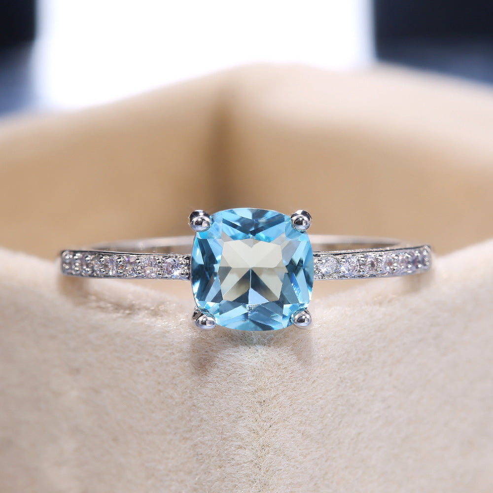 Glam Square Blue Gemstone White Gold Plated Copper Engagement Ring