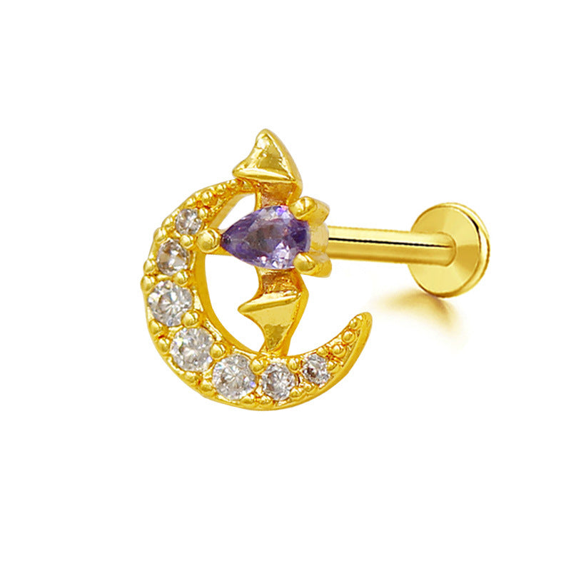 Hip-Hop Rock Star Moon Bat Crown Pink Pendant Lip Stud 316L Stainless Steel Gold Plated Piercing Jewelry