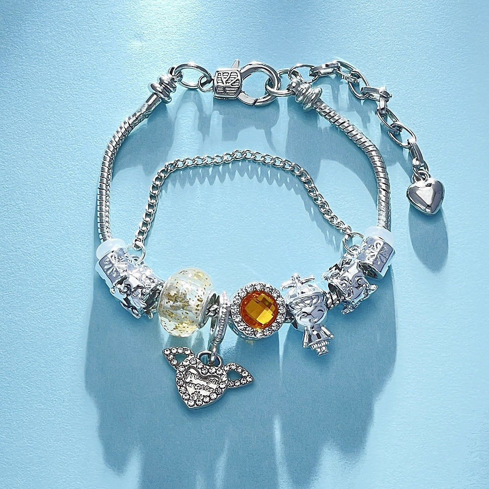 Heart Shape Gemstone Couple Bracelet with Angel Wings Charm, Adjustable DIY Style