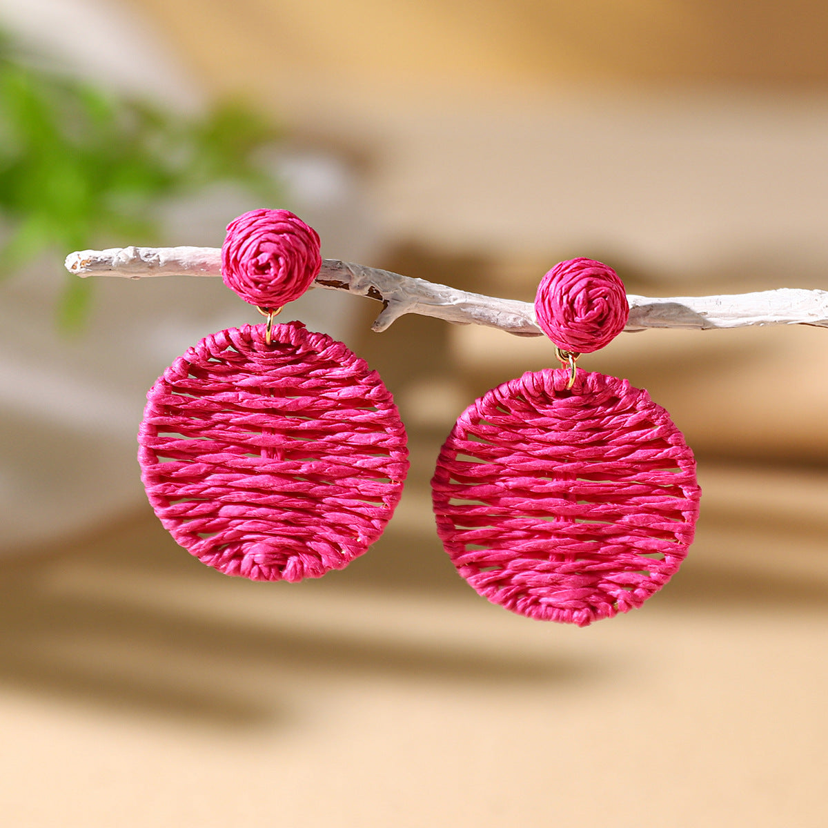 Bohemian Colorful Woven Round Rattan Straw Drop Earrings for Women