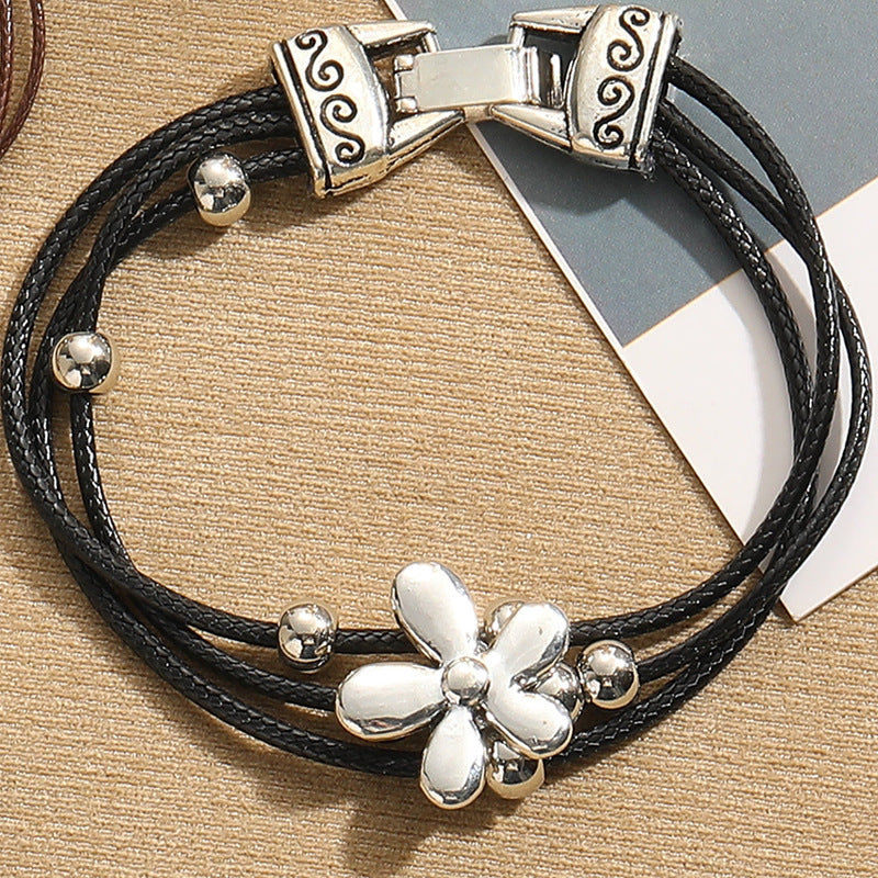 Vintage Geometric Heart Flower Alloy Wax Rope Women's Bracelet