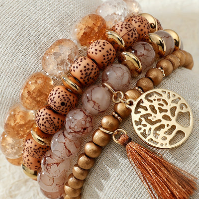 Bohemian Crystal Alloy Natural Stone Beaded Tassel Bracelet Set