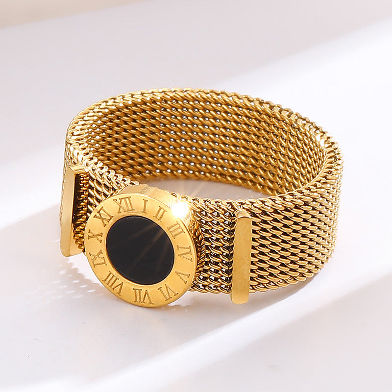 Titanium Steel Roman Numeral Black Shell Ring with Gold Mesh Strap Design