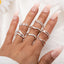 Vintage Moon Leaf Double Layer Ring Set - 7 Piece Alloy Jewelry Collection