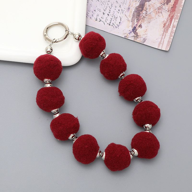 Sweet Flower Beaded Fur Ball Keychain and Phone Charm Bracelet