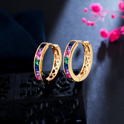 IG Style Elegant Zircon Inlay Circle Earrings - Colorful Geometric Hoops