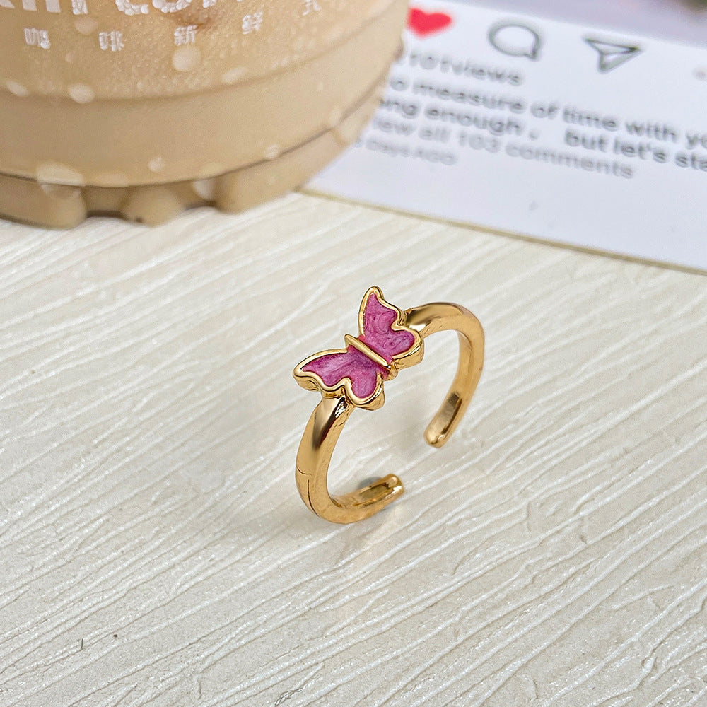 Sweet Butterfly Adjustable Open Ring for Women - Vintage Enamel Design