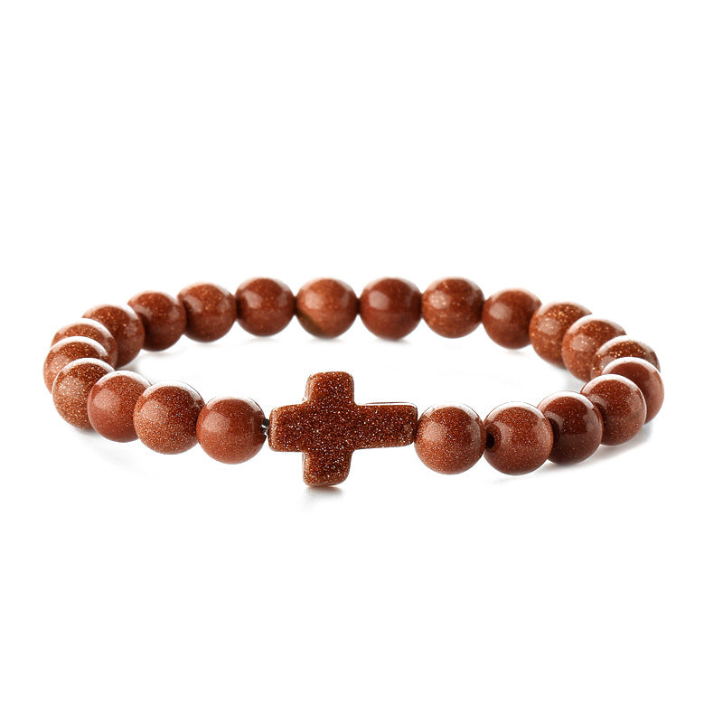 Retro Cross Agate Tiger Eye Volcanic Stone Beaded Bracelet Set