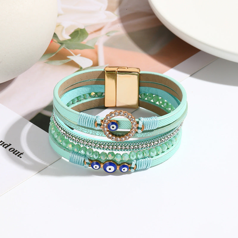 Simple Bohemian PU Leather Bracelet with Artificial Diamond and Magnetic Clasp