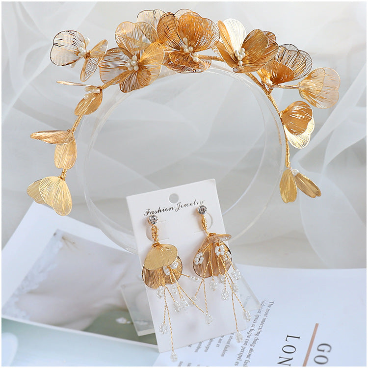 Bridal Gold Flower Hair and Earring Set for Wedding Dress Accessories