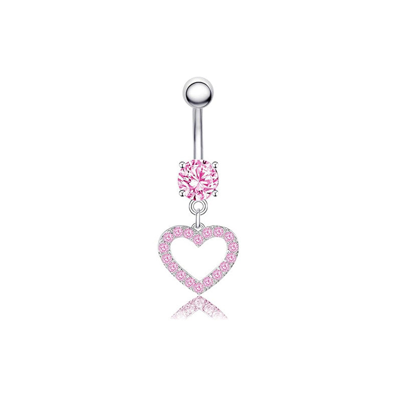 Heart Shape Zircon Inlay Stainless Steel Belly Ring with Pink Butterfly Pendant