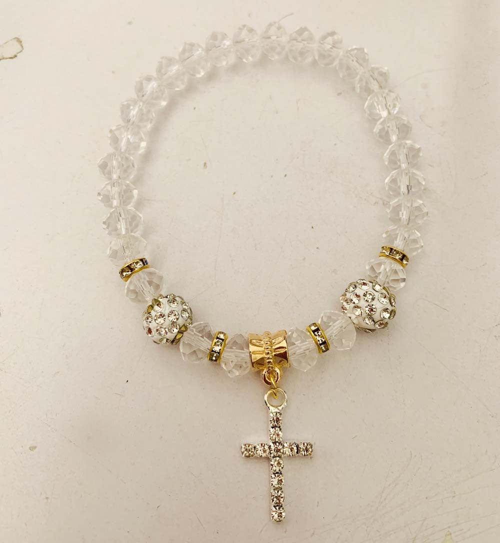 Factory Direct Transparent Crystal Glass Beads Bracelet with Our Lady Pendant, Elastic Design