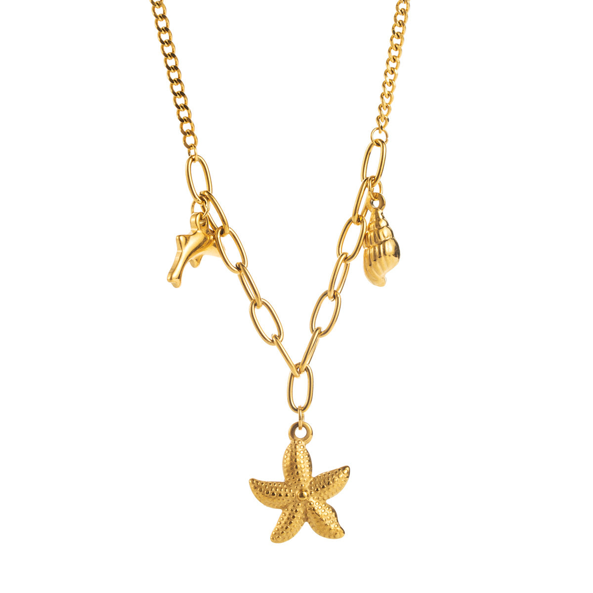 Stainless Steel Starfish Conch Dolphin Pendant Necklace - Ocean Inspired Minimalist Design