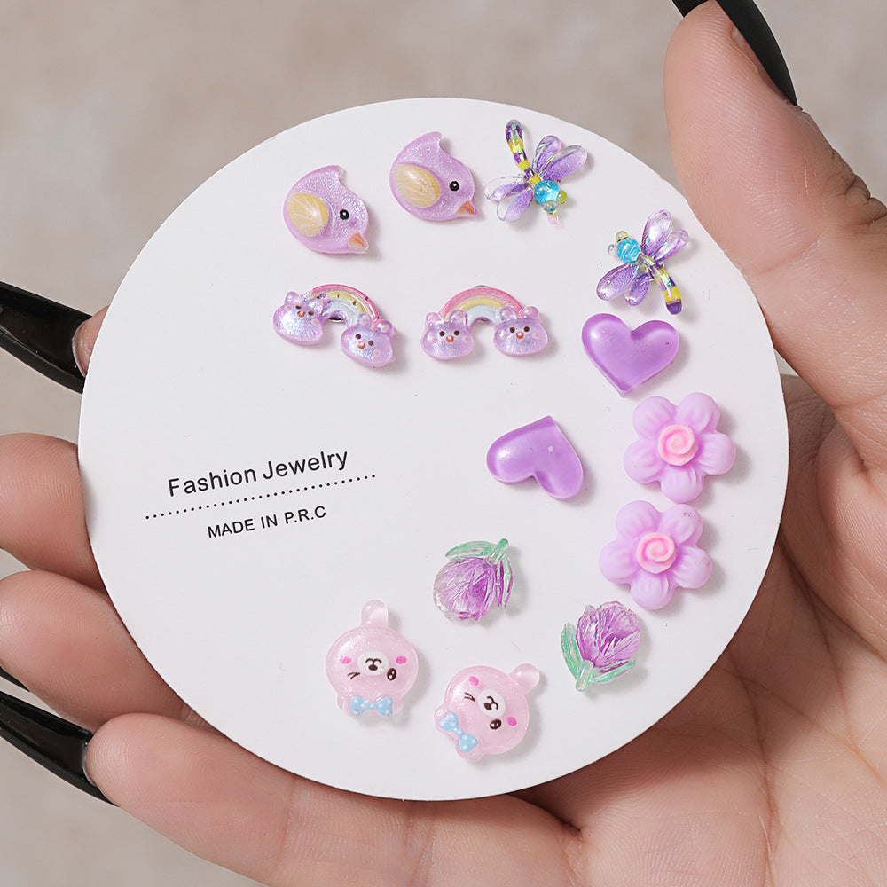 1 Set Colorful Resin Heart and Flower Stud Earrings - 6 Pairs Korean Style Jewelry for Women