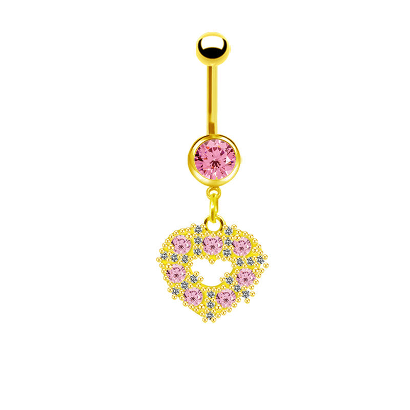 Gold Plated Heart & Star Belly Ring with Rhinestones and Wings Design