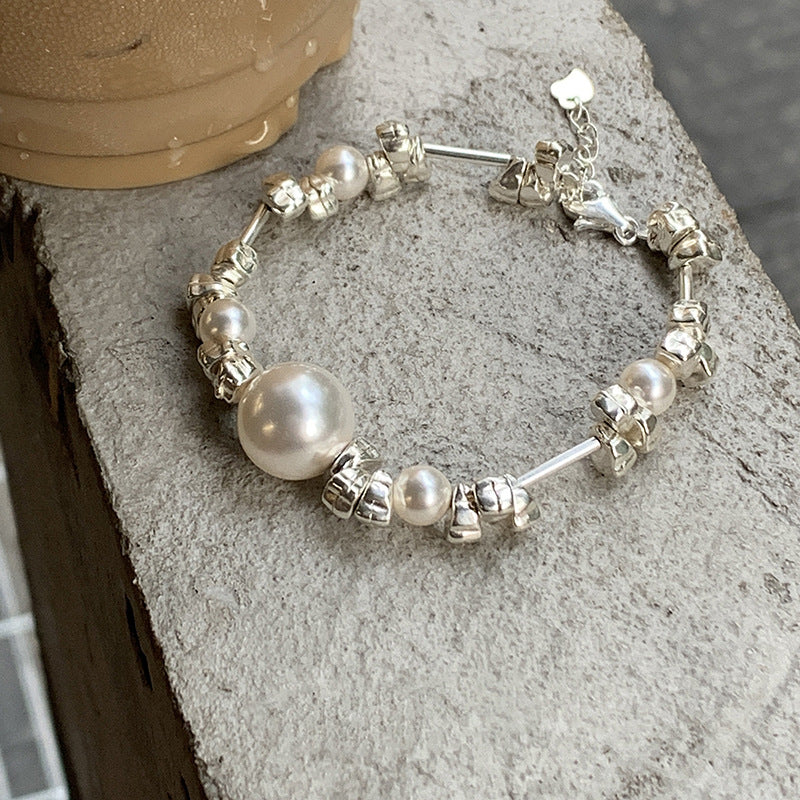 Simple Classic Round Brass and Silver Pearl Beaded Bracelet 2023