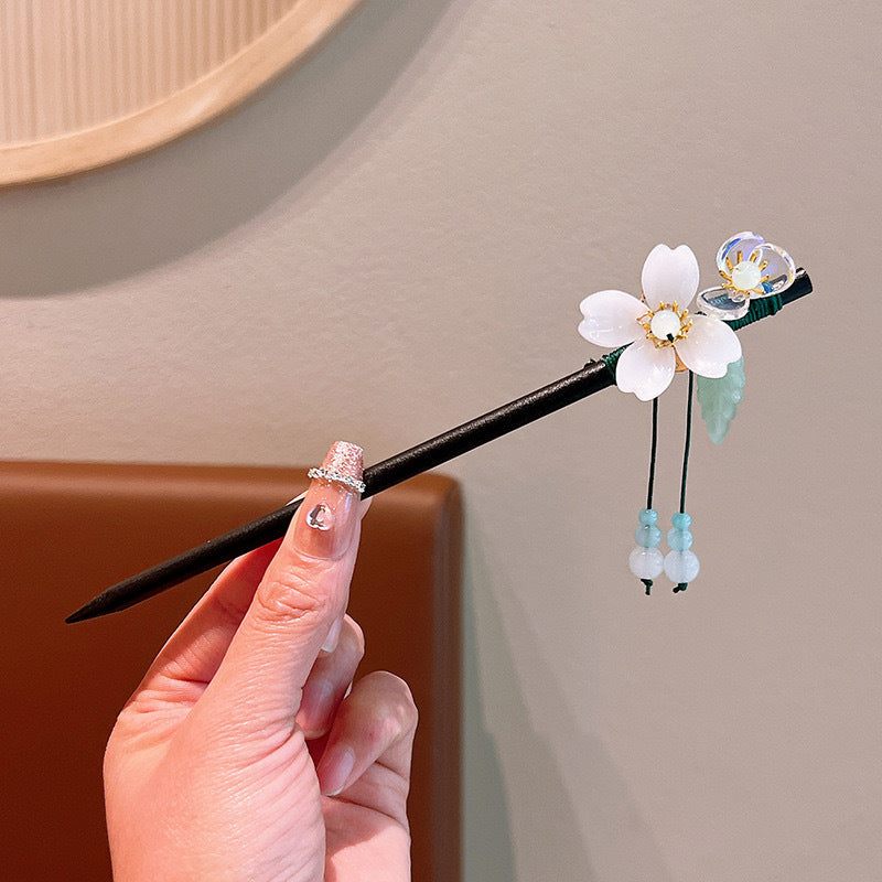 Women's Ethnic Floral Wood Inlay Gemstone Rhinestone Hairpin with Tassels