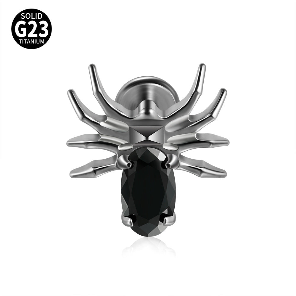 Spider Zircon Titanium Lip and Ear Studs - Polished Hip-Hop Punk Style Piercing Jewelry