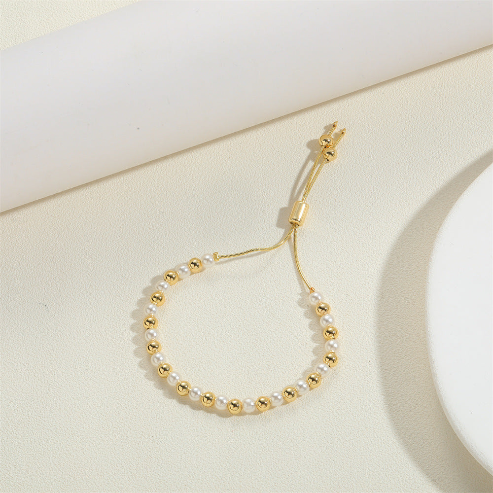 14K Gold Plated Vintage Style Pearl Beaded Round Bracelet