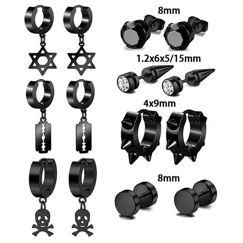 Punk Black Stainless Steel Zircon Stud Earrings Set for Men