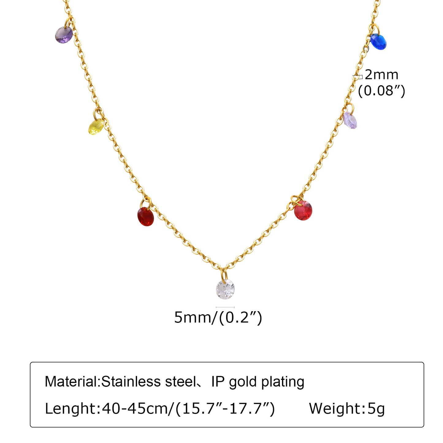 Geometric Stainless Steel Zircon Gold Plated Rainbow Anklet Necklace