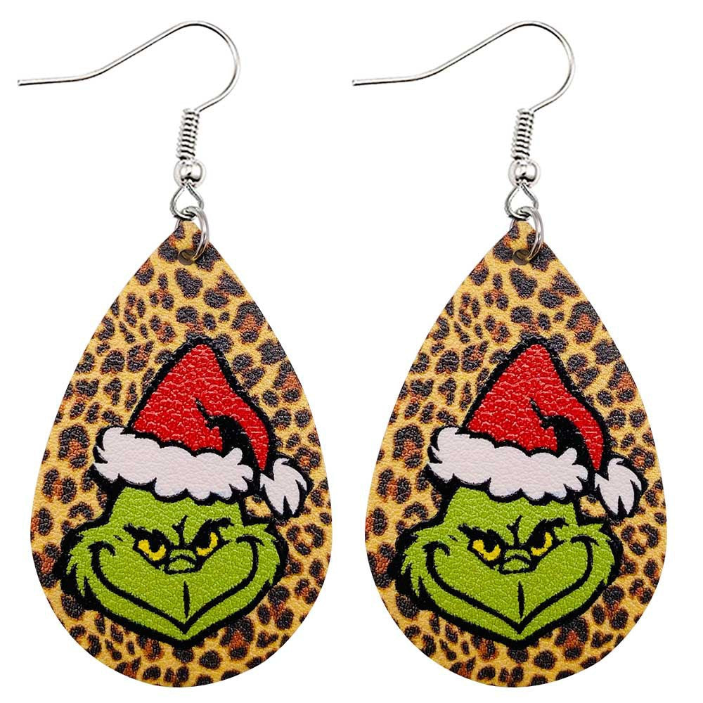 Novelty Christmas Green Frog PU Leather Water Droplet Earrings for Women