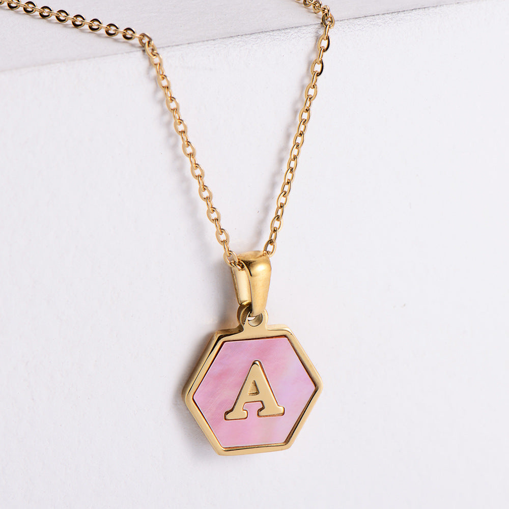 18k Gold Hexagon Pendant Necklace with Pink Shell Letter Inlay