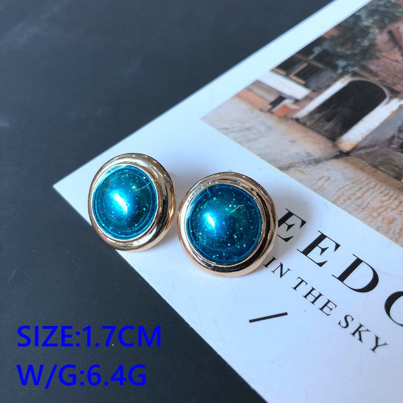 Vintage Oval Alloy Stud Earrings - Blue Enamel Geometric Design