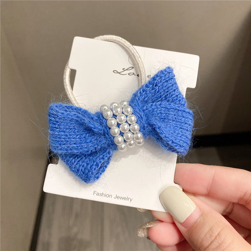 Autumn Winter Bow Wool Headband with Pearl Hair Tie for Women