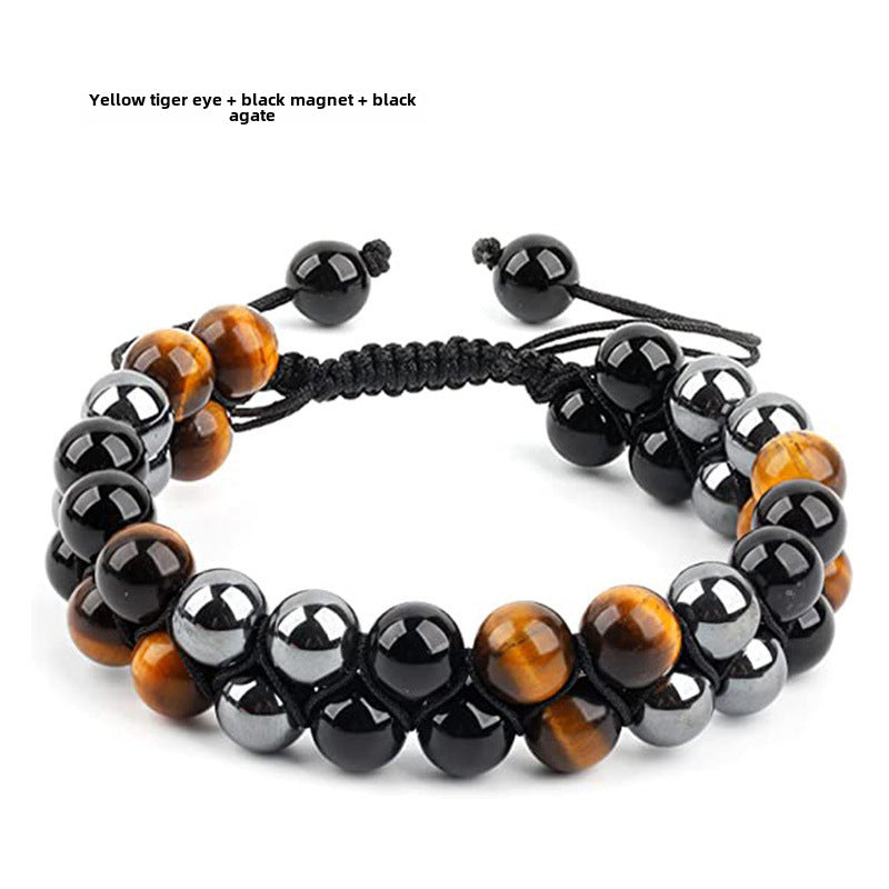 Geometric Blue Tiger Eye & Black Agate Double Layer Handmade Bracelet