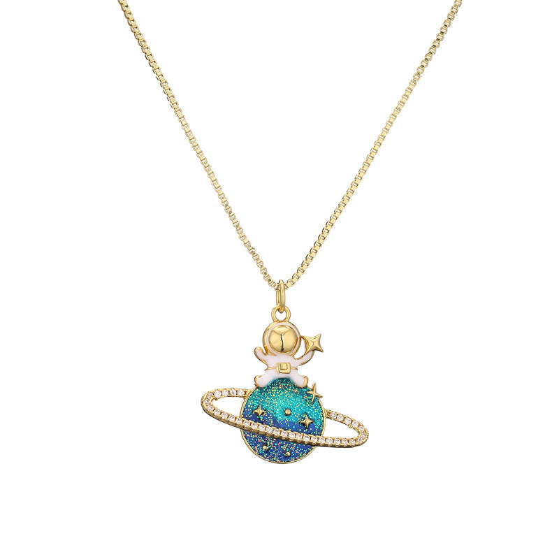 Cute Planet Zircon Inlay Copper Pendant Necklace