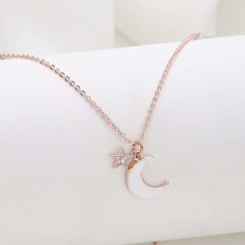 Copper Inlay Star and Moon Zircon Pendant Necklace - Minimalist Style for Women