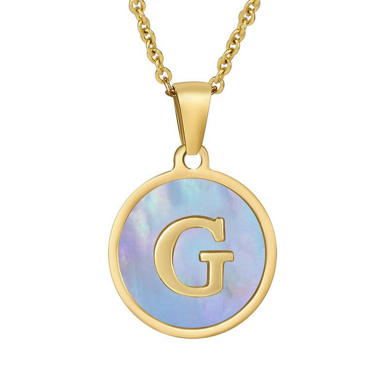 Titanium Steel Blue Shell Initial Pendant Necklace