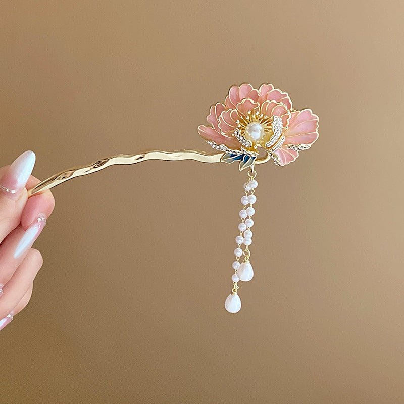 Chinoiserie Flower & Phoenix Lotus Tassel Hairpin for Hanfu