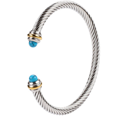 Simple C Shape Stainless Steel Adjustable Cable Bangle with Artificial Crystal Turquoise