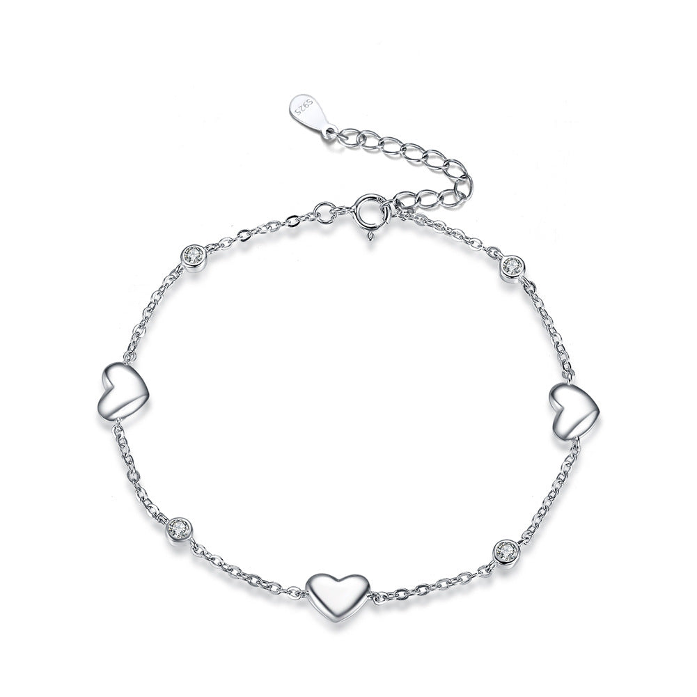 Sterling Silver Heart Shape Bracelet with Round Zirconium Inlay