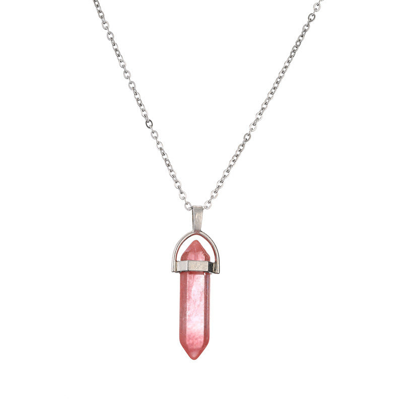 Ethnic Geometric Stainless Steel Natural Stone Crystal Pendant Necklace