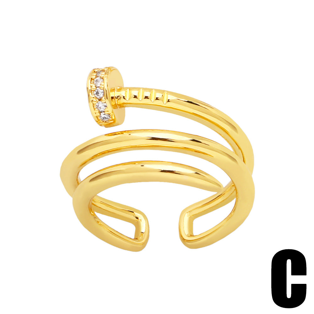 Simple Style Multi-Layer Nail and Dog Design Gold Plated Zircon Open Ring