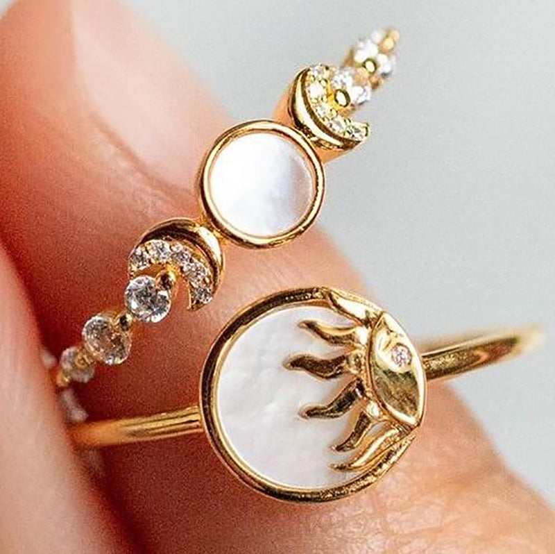 New Minimalist Rhinestone Moon Joint Alloy Ring Set - 2 Pieces