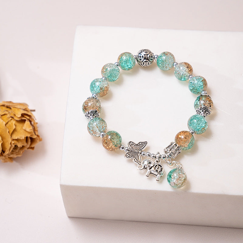 Simple Style Round Crystal Beaded Bracelet with Butterfly and Elephant Charms