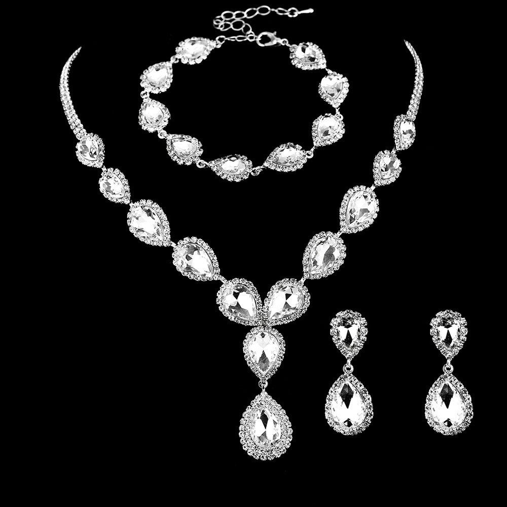 Simple Solid Color Zircon Rhinestone Bridal Jewelry Set - Necklace, Earrings, and Bracelet