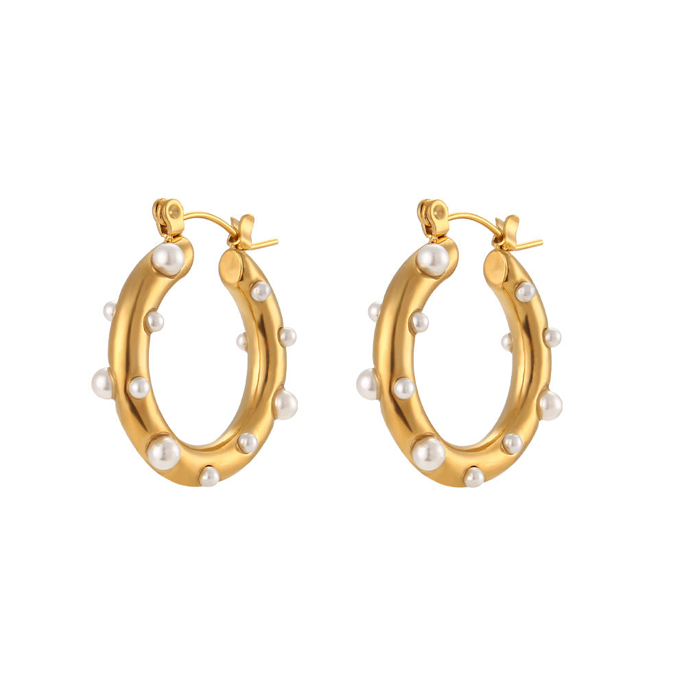 Geometric Pearl Zircon 18K Gold Plated Stainless Steel Hoop Earrings