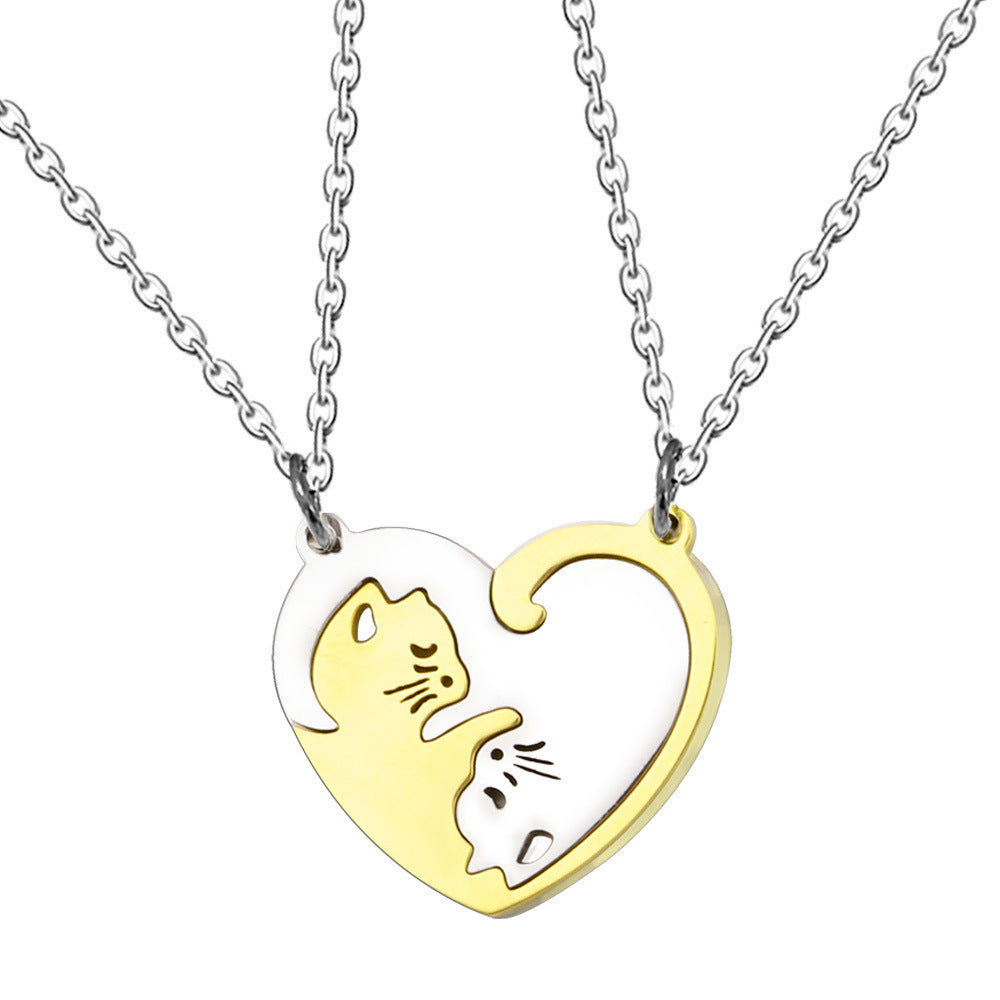 2 Piece Heart Shape Cat Stainless Steel Pendant Keychain Necklace Set