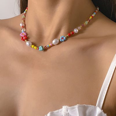 Cute Daisy Imitation Pearl and Colorful Beaded Women's Necklace