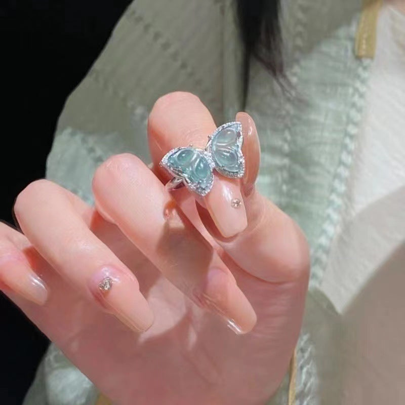 Sweet Heart & Butterfly Enamel Rhinestone Open Ring for Women