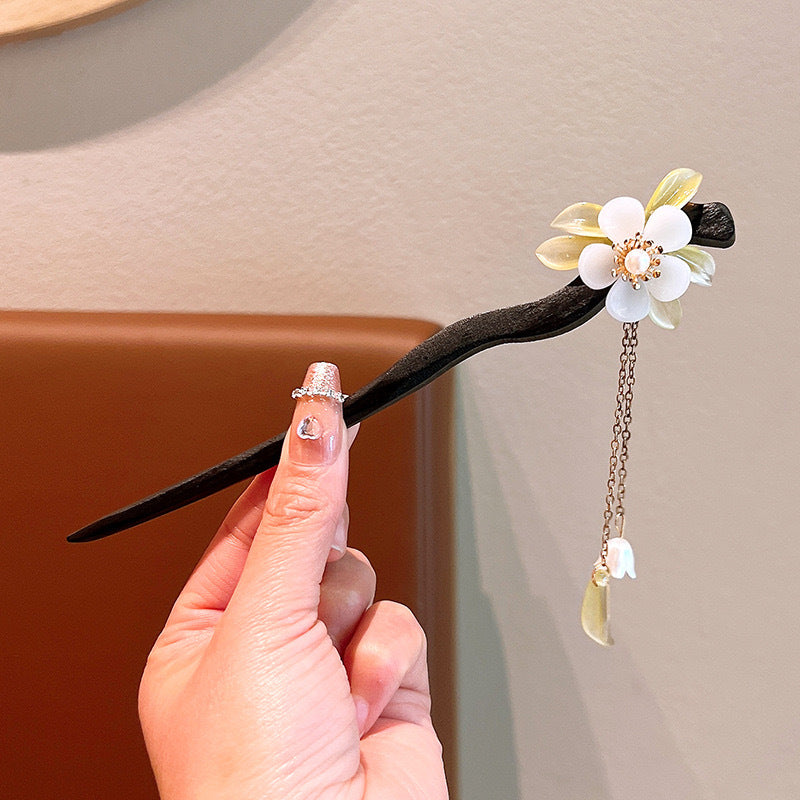 Women's Ethnic Floral Wood Inlay Gemstone Rhinestone Hairpin with Tassels