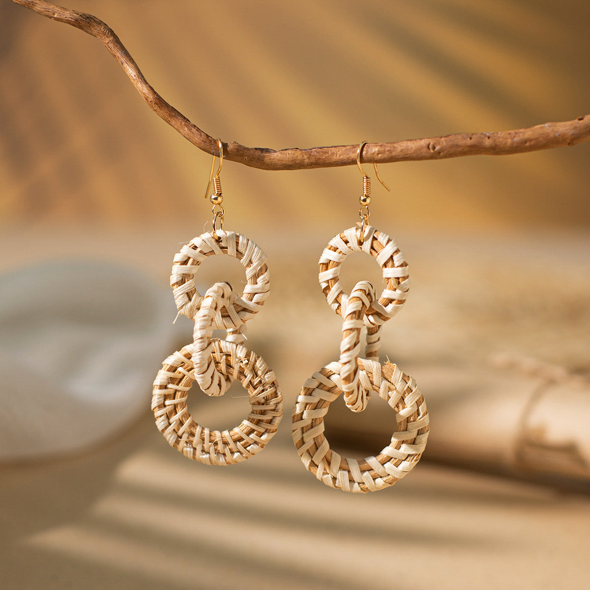 Bohemian Rattan Circle Braid Straw Drop Earrings for Vacation