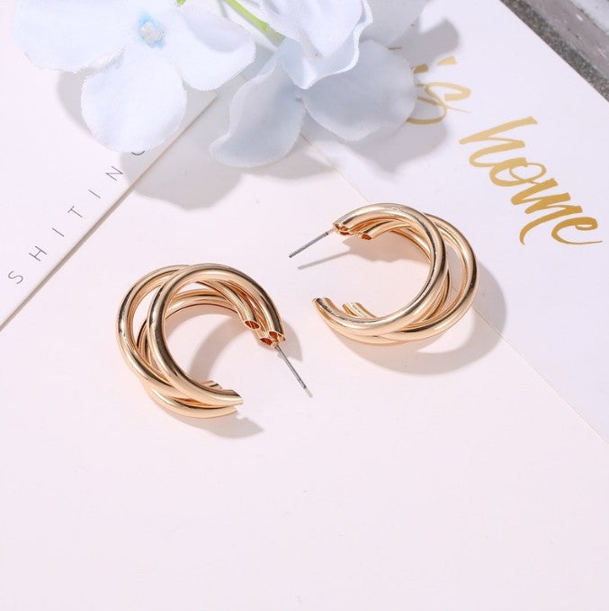 New Style Metal Three-layer Semicircle Cross Earrings Influx Of People Exaggerated Earrings Femininity Cold Wind C-type Earrings