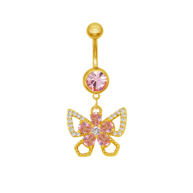 Elegant Sun & Moon Butterfly Belly Ring - 316 Stainless Steel with Rhinestones and Gold Plating